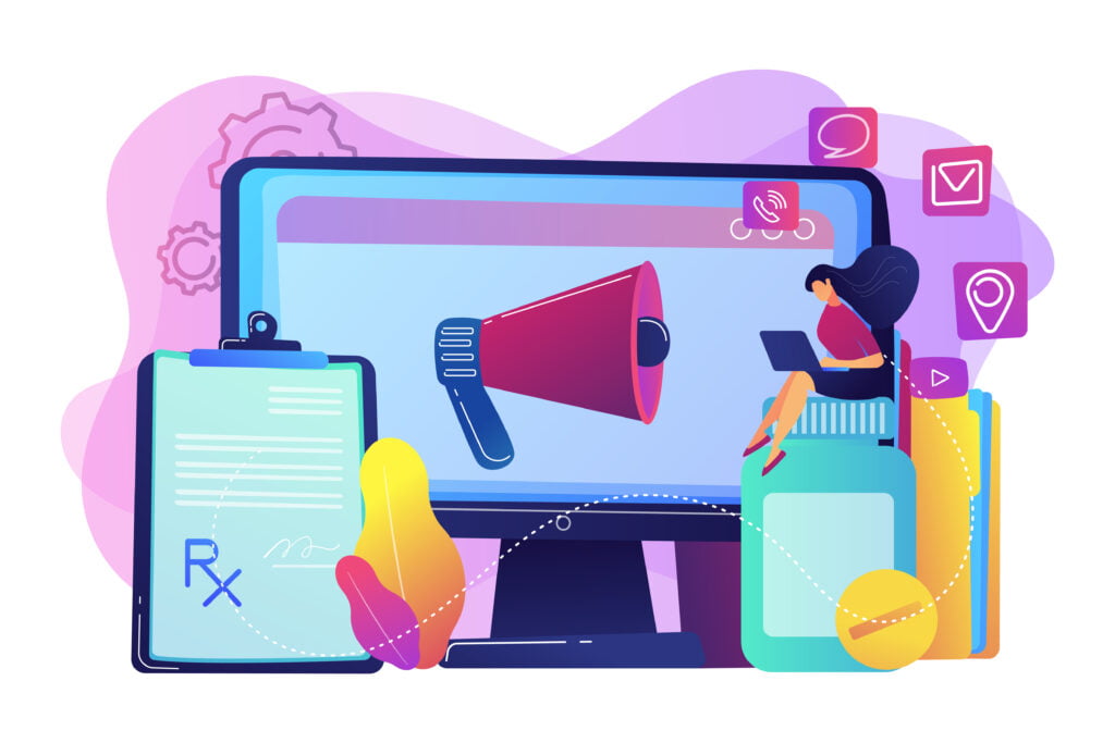 agence de publicité Pharmaceutical representative with laptop sitting on medicine jar. Pharmaceutical marketing, drugs advertising, continuing medical education concept. Bright vibrant violet vector isolated illustration