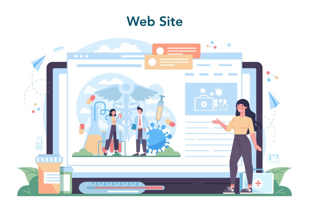 Copywriting ( Doctor online service or platform. Healthcare, modern medicine treatment, analysis and diagnosis. Website. Isolated vector illustration )